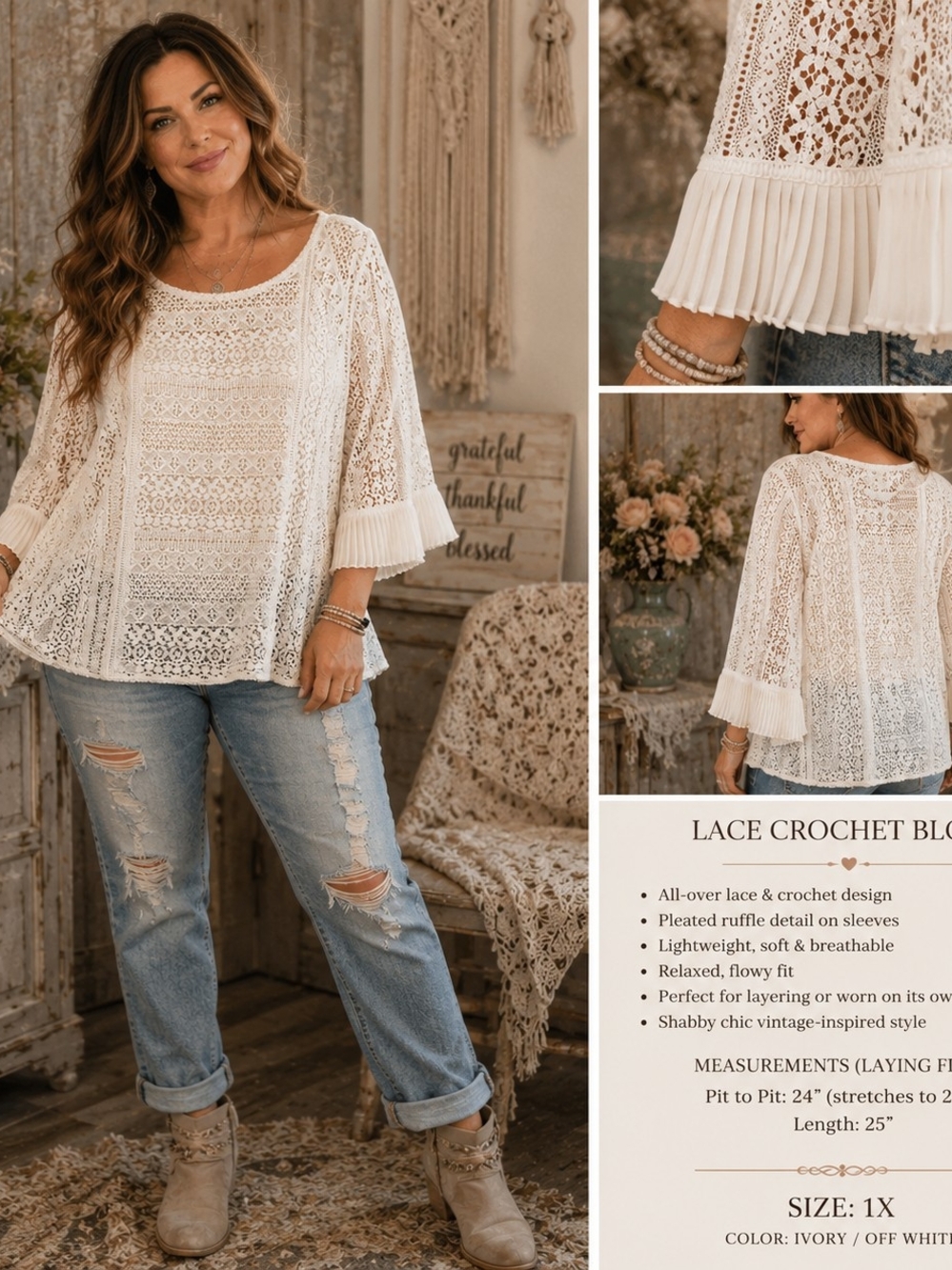 STYLUS Ivory Lace Crochet Blouse with Pleated Ruffle Sleeves
